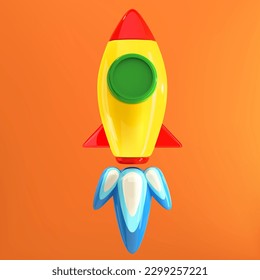 Spaceship flight. Rocket take off. Realistic 3D toy design in plastic cartoon style. 3D icon isolated on orange background. Vector illustration EPS10