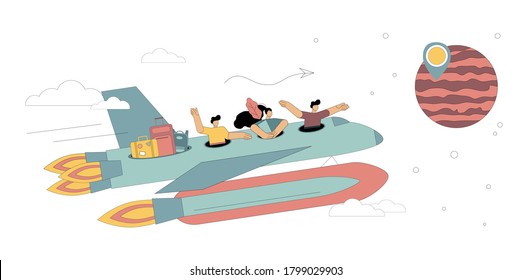 Spaceship flight. Space tourism. People are flying on a rocket into space, to Mars. Colonization of Mars. Space adventures. Vector illustration isolated on white background.