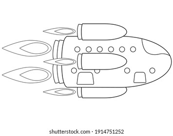 Spaceship in flight - vector linear picture for coloring. Outline. The starship flies on all engines - for a coloring book. rocket for space research, tourism and cargo delivery.