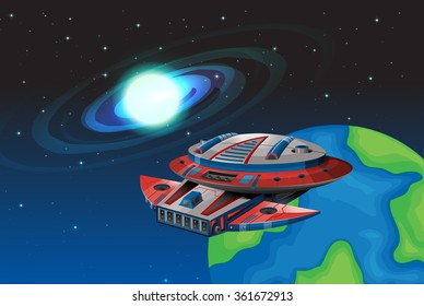 Spaceship floating in the dark space illustration