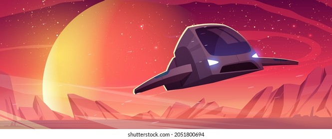 Spaceship fly above alien planet surface. Vector cartoon illustration of futuristic landscape of planet in cosmos with rocks, moon and stars in sky and flying shuttle