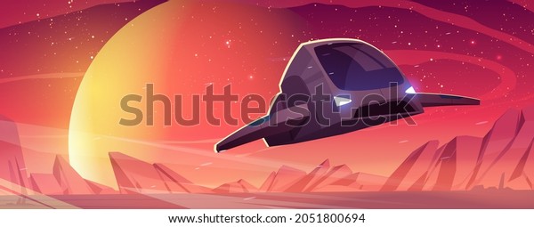 Spaceship fly above alien\
planet surface. Vector cartoon illustration of futuristic landscape\
of planet in cosmos with rocks, moon and stars in sky and flying\
shuttle