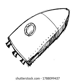 Spaceship to fly into Earth orbit. Sketch drawing, vector illustration on white background. Black and white picture. Can be used for coloring and printing