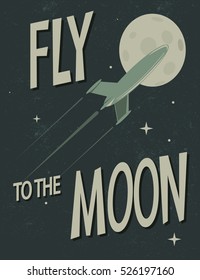 spaceship fly to the moon.Retro poster.Cartoon style