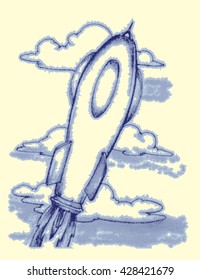 spaceship fly over the cloud cartoon hand draw illustration
