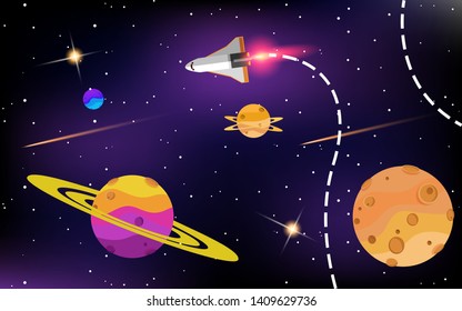 spaceship fly over planets. space background