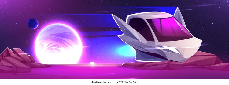 Spaceship flying above rocky alien surface. Vector cartoon illustration of space landscape with planets, stars in dark night sky, futuristic shuttle moving in cosmos at high speed, scientific mission