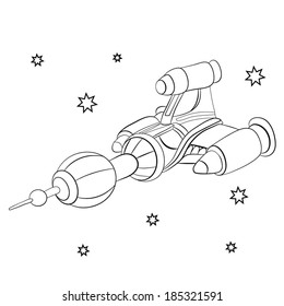 Spaceship flying among the stars in space. Coloring book.