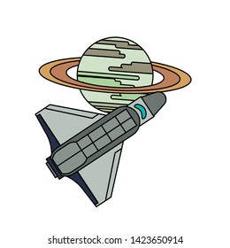 Spaceship flying around saturn planet cartoon isolated vector illustration graphic design