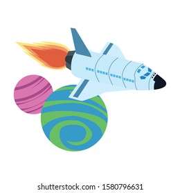 spaceship flying around the space planets icon over white background, vector illustration