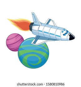 spaceship flying around the space planets icon over white background, vector illustration