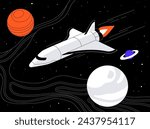 Spaceship flying between stars, planets in outer space. Spacecraft flies in black cosmos. Rocket discovers in galaxy travel, interstellar journey. Shuttle explores universes. Flat vector illustration