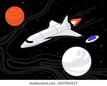 Spaceship flying between stars, planets in outer space. Spacecraft flies in black cosmos. Rocket discovers in galaxy travel, interstellar journey. Shuttle explores universes. Flat vector illustration