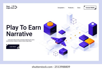 Raumschiff fliegt für Münzen durch virtuelles Labyrinth. Spielen Um Erzählung Landing Page isometrische Vorlage zu verdienen. Blockchain-Spiel für Krypto-Währungsabbau kreative 3D-Vektorgrafik für Webseite