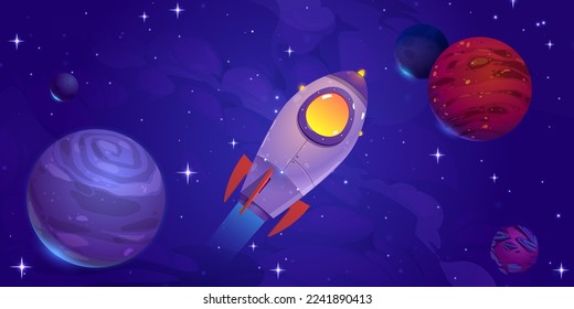 Spaceship flying in cosmos with alien planets, galaxy and stars. Dark universe landscape with rocket. Vector cartoon fantasy illustration of space travel, galaxy exploration