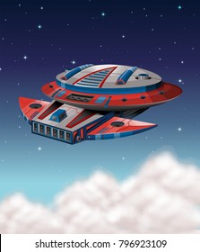 Spaceship flying in dark galaxy illustration