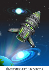 Spaceship flying in the dark space illustration