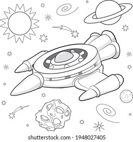 Spaceship flying in deep space coloring book 