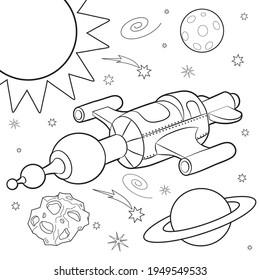 Spaceship flying in deep space coloring book 