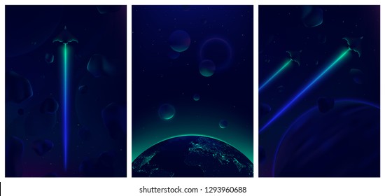 Spaceship flying in deep space with meteorites in the background, Fantastic view of the Earth from space, Neon glowing vector illustration for your design