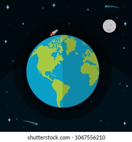 Spaceship flying from earth to moon