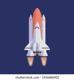 Spaceship flying up with fuel fire flames from engine. Spacecraft traveling in outer space. Cosmic shuttle flight. Colored flat textured vector illustration of intergalactic jet spacewalk