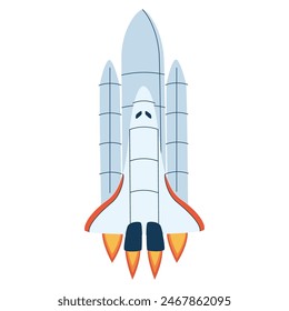 Spaceship flying up with fuel fire flames from engine. Spacecraft traveling in outer space. Cosmic shuttle flight. Colored flat textured vector illustration of intergalactic jet spacewalk