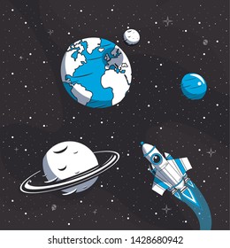 Spaceship flying in the milkyway passing by saturn earth and neptume planets vector illustration graphic design
