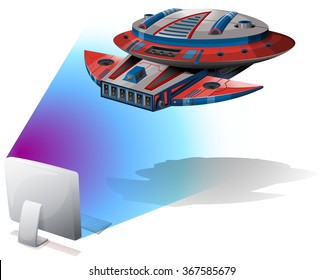 Spaceship flying out of computer screen illustration