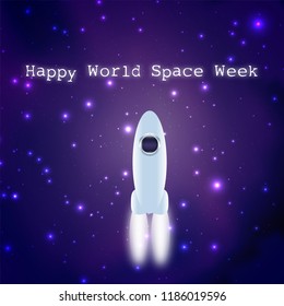 Spaceship Is Flying In Outer Space, Happy World Space Week Text