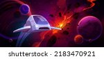 Spaceship flying in outer space with planets, explode star and glowing nebula in dark sky. Interstellar travel by shuttle, cosmos or universe explore, fantasy game scene, Cartoon vector illustration