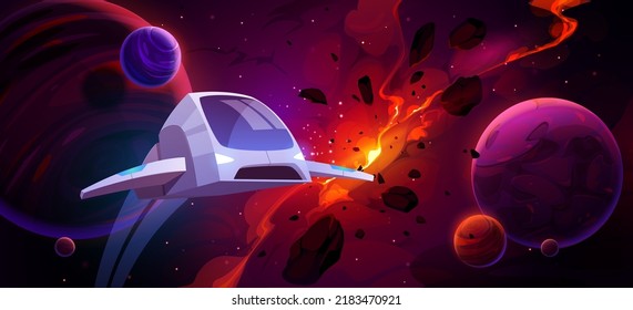 Spaceship flying in outer space with planets, explode star and glowing nebula in dark sky. Interstellar travel by shuttle, cosmos or universe explore, fantasy game scene, Cartoon vector illustration