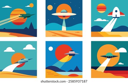 A spaceship flying over a beach with a retro sun vector illutration desing 