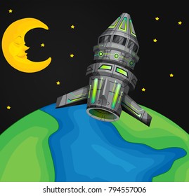 Spaceship flying over the world illustration