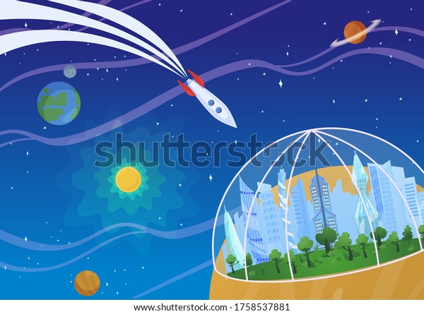 Spaceship flying to\
planet, space settlement under dome, vector illustration. Space\
colonization, space settlement, extraterrestrial colonization\
concept. Future colony on\
planets.