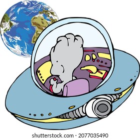 Spaceship Flying Saucer Extraterrestrial UFO Space Boy Cartoon on Earth Planet Character Mascot Vector