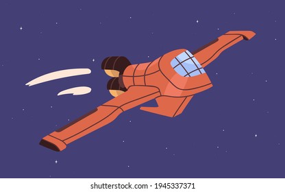 Spaceship flying in sky. Intergalactic Spacecraft flight in outer space. Fantasy cosmic shuttle in cosmos. Colored flat vector illustration of spaceflight or spacewalk in universe