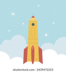 Spaceship flying in the sky. Rocket in the clouds. Simple vector illustration in flat style. 