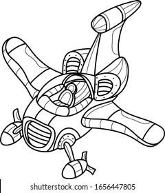 Spaceship flying through deep space. Coloring book, vector illustration