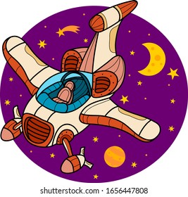 La nave espacial sobrevuela el espacio profundo. Fondo con planetas y estrellas, ilustración vectorial