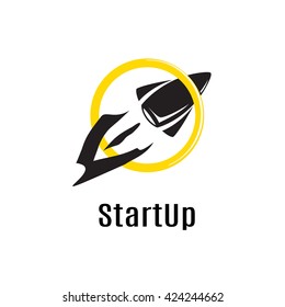 A spaceship flying in the top and passing through the yellow ring. The concept of a startup business. Flat vector illustration