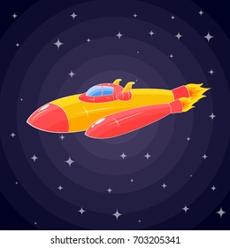 A spaceship in the form of an orange rocket and a porthole that flies through space among the stars