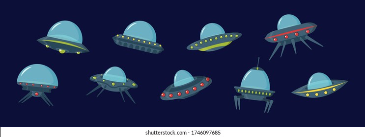 Spaceship in the form of a plate for transportation. NLO vector set in cartoon style. UFO set, alien spaceships, flat style. Color set of alien circle plates for the game UI. Vector illustration.