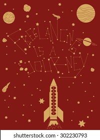 Spaceship freelancing on a red background in the stars and planets