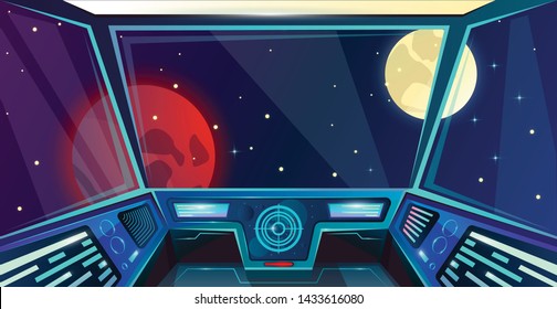 Spaceship futuristic interior of captains bridge in cartoon style. Command post. Vector illustration with radar, screen, hologram, moon, mars and stars. Space outside porthole. Cosmos vector