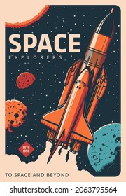 Spaceship in galaxy retro poster. Space exploration and research, solar system planets colonization mission, space program vector banner with shuttle spaceship flying in cosmos among stars and planets