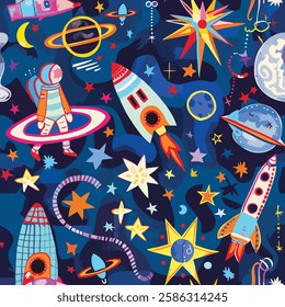  spaceship and galaxy seamless pattern