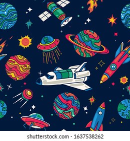 Spaceship In Galaxy Seamless Pattern. Background Wallpaper