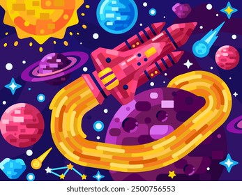 Spaceship in galaxy vector illustration. Space exploration and research, vector banner with shuttle spaceship flying in cosmos among stars and planets