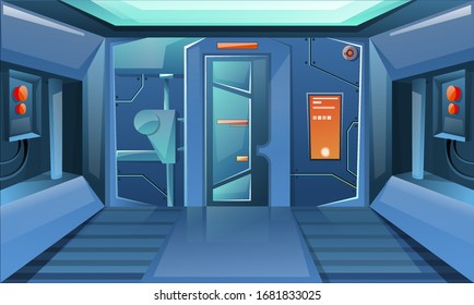 Spaceship Hallway. Futuristic Interior Room With Door. Background For Games And Mobile Applications. Vector Cartoon Background